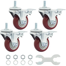 Finnhomy Swivel Caster Wheels 3 Inch Threaded Stem Casters Set of 4 Heavy Duty 1/2"-13 x 1 with Brake Polyurethane Industrial Locking Castors Wheels for Cart/Furniture 2200 Lbs Smooth Casters, Red