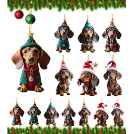 T TAKONE Pack of 14 Dachshund Decoration, 2D Acrylic Flat Dachshund Pendants, Perfect as Christmas Tree Decoration and Christmas Decoration for the Car (Dachshund)