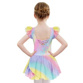 Zaclotre Leotards for Toddler Girls Ruffle Sleeve Ballet Leotard Crisscross Back Dance Dress Rainbow Leopard 4-5T
