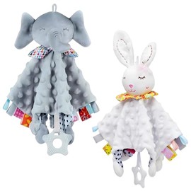 2 PCS Manta de Apego para Bebé,peluche de seguridad para bebe,cobijas para bebe, Juguete Sensorial con Sonajas, Mordedor de Silicona y Cintas de Color