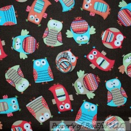 Signature BonEful Fabric Cotton Quilt Brown Blue Aqua Orange Green OWL Bird Forest Animal
