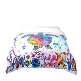 Sea Turtle 100% Cotton Duvet Cover 135 x 200 cm, Graffiti Turtle Bedding Set for Children, Rainbow Ombre Jellyfish Coral Comfort Cover, Watercolour Coast Bed Sets with 1 Pillowcase Breathable