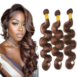12 14 16 Inch Brown Body Wave 3 Bundles P4/30 Highlight Piano Color Human Hair Bundles Dark Brown and Light Brown Bundles Double Weft Brazilian Human Hair Extensions Silky and Soft for Black Women