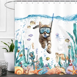 MCKTOM Funny Cat Shower Curtain, Teal Blue Ocean Sea Turtle Starfish Tropical Fish Fabric Bath Curtains, Kids Bathroom Nautical Decor Waterproof with Hooks Set 72 x 72 Inch