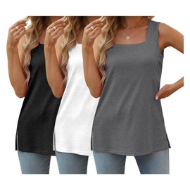 3 Pack Women Summer Tank Tops Square Neck Side Split T-Shirts Casual Basic Sleeveless Business Trendy Beach Vacation Clothes, Black White Darkgrey, S