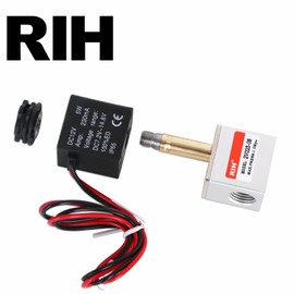 RIH Solenoid Valve, Solenoid Valve, Normally Closed, 12V, Connection Diameter, 1/4" 2 Position, 2 Way, Inner Diameter 0.3 inches (8 mm) with Connector, Aluminum, Direct Acting, High Winding Coil (12,