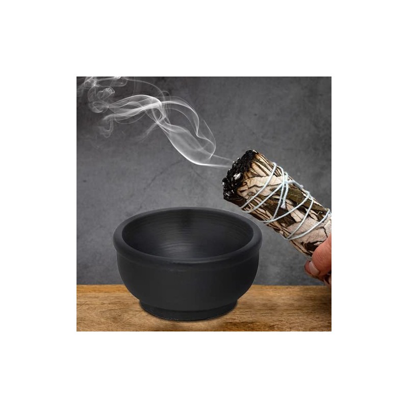 MaMeMi Round Soapstone Incense Bowl in Black [Fireproof Diameter 10