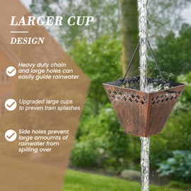 HANAYARD Square Rain Chain Gutter Downspout Copper Rain Chains for Gutters with 12 Cups, Adjustable Rain Catcher Chain with Bell for Outside Water Diverter Garden Decorative Garden, 8.5 Ft