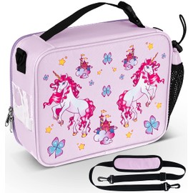 HeavenlyUnicorns Insulated Lilac Unicorn Kids Lunch Bag for Girls Child with Bottle Holder, Carry Handle & Shoulder Strap, Kids Lunch Box Snack Box Tote Cooler Bag for School Picnic Outdoor or Work