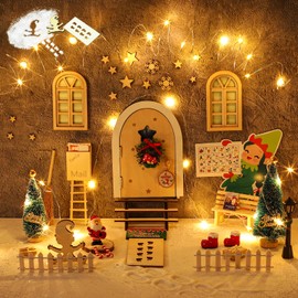 BOLWEO Gnome Door Accessories Christmas Set 56 Pieces Christmas Gnome Door Set with 2 x Light Christmas Decoration Elf Door, Gnome Accessories Door Decoration Fairy Door Danish Christmas Decoration