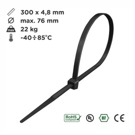 intervisio Cable Ties 300 mm x 4.8 mm, Black, Pack of 300, Industrial Quality Professional Binders