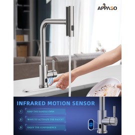 APPASO Touchless Kitchen Faucet with Pull Down Sprayer, Waterfall Motion Sensor Kitchen Sink Faucet Touchless, Brushed Nickel Stainless Steel Single Handle Hands-Free Sink Faucet