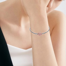 WAKCTFERG Sterling Silver Snake Chain Bracelet Fit Any Charm Bead, Cubic Zirconia Heart Clasp (ZLL-11, 7.9in/20cm) Gift for Women & Girls