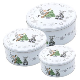 Dekohelden24 Metal Tins with Santa Claus and Elk Set of 3 in White, Dimensions (L x W x H) 19 x 19 x 9 cm, 17 x 17 x 7 cm and 14 x 14 x 6.5 cm
