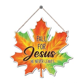 Christian Fall Decor, Fall for Jesus He Never Leaves Decor Sign Farmhouse Wreaths for Front Door Christian Jesus Hanger Sign, Home Wall Autumn Thanksgiving Decors, Maple Leaf Autumn Decors