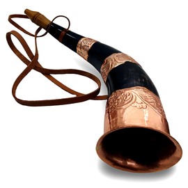 Viking War Horn, 16-Inch Copper and Ox-Horn Battle Trumpet with Wooden Stand, Decorative Engraved Design
