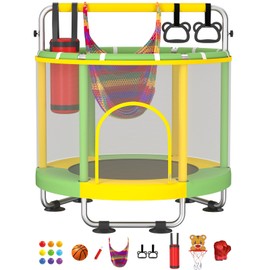 ZCMHAXJ Trampoline for Kids, 55" Toddler Trampoline Indoor & Outdoor, 440lbs Capacity Baby Trampoline with Enclosure, Mini Trampoline with Adjustable Gymnastics Bar&7 Toys, Gifts for Boys&Girls