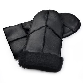 Harssidanzar Men's Mittens for Winter, Lambskin Shearling Fur Lined Warm Genuine Leather Mittens Glove KM054EU, black