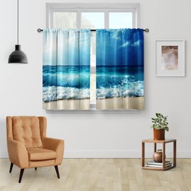 Beach Ocean Sea Kitchen Curtains - Country Short Cafe Tier Curtains Decor for Living Dining Bathroom Room Summer Seascape Hawaiian Theme Blue Waves Window Drapes 24 Inch Length 2 Panels set 28"x24"