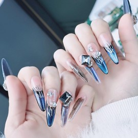 Yazikisa Hand Made Press on Nails Cat Eye Stiletto Fake Nail French Tips Long Almond False Fingernail Heart Bow Charms Glitter Acrylic Gel Manicure Dark Blue 10 Pcs (M)