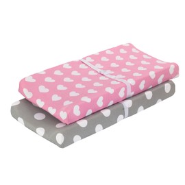 EVERYDAY KIDS 2 Pack Baby Changing Pad Covers for Baby Girl – Fits Most Changing Table Pads; 100% Cotton Jersey Knit, Breathable, Soft Changing Table Topper – Gray, White Dots and Pink. White Hearts