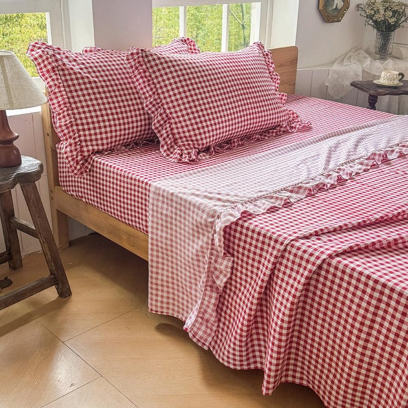 NSNLGSGC Red Ruffled Plaid Gingham Standard Size Pillow Shams 20"x26",