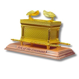 3 ARCHES USA Gold Plated The Ark of The Covenant Figurine Model (7” x 4” x 5”) with Contents - Aaron's Rod, Manna, Ten Commandments - Detailed Replica Tabletop Decor