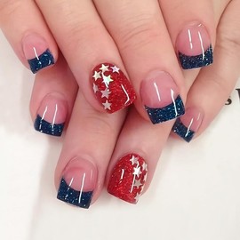 Independence Day Press on Nails Short Square Blue French Tip Fake Nails with Stars Designs 4th of July Red False Nails Patriotic Acrylic Nails Cute Glue on Nails Full Cover Stick on Nails for Women