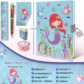 Set of Secret Diary for Girls, 6Pcs Gifts Stationery Set for Girls incl. Mermaid Diary with Lock 6 Multicolor Pen Memo Ruler Eraser Sharpener Kids Notebook for Girls Birthday Presents Age 5-10 Year