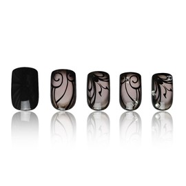 Dark Black Press on Nails Medium Square Fake Nails with Vine Designs Black French Glue on Nails Ranslucent False Nails Acrylic Stick on Nails for Women Girls 24 Pcs