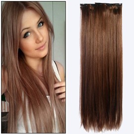 Vtrem 24 Inch 16 Clips Natural Straight Hair Extensions 60cm Long Synthetic Clip in Hair Extension Heat Resistant Full Head Hair Pieces for Women, 126g, Brown