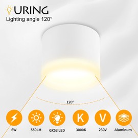 URing LED Surface-Mounted Spotlights, 3000 K Ceiling Spotlights, White, Includes 6 W 550 LM GX53 LED Surface-Mounted Spotlight, Diameter 84 x 71 mm, Surface-Mounted 230 V Surface-Mounted Light,