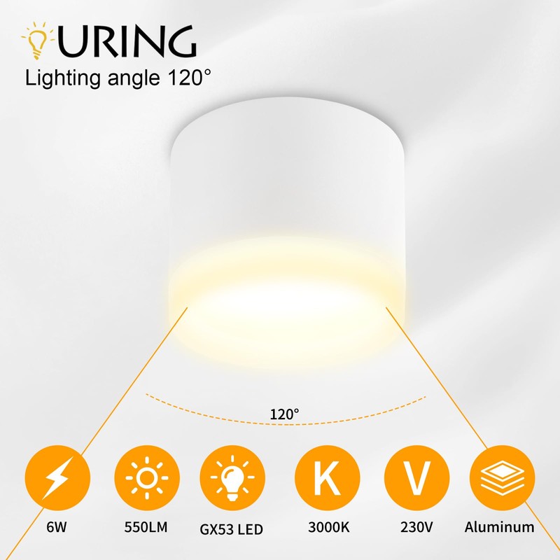 URing LED Surface-Mounted Spotlights, 3000 K Ceiling Spotlights, White, Includes