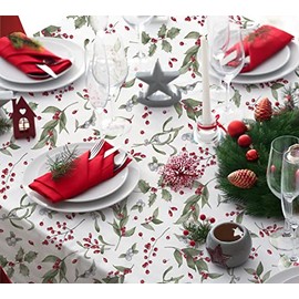 Home Expressions Christmas Oilcloth Tablecloth Mistletoe, Berries, Holly, Wipe Clean, Cotton with acrylic coating, Water Resistant (140cm x 100cm Rectangle)