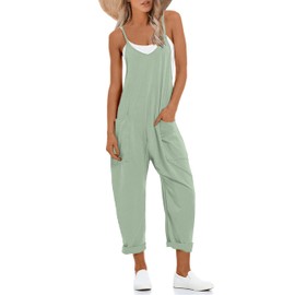 Lentta Women's Causal Jumpsuits V Neck Sleeveless Harem Overalls Stretchy Adjustable Strap Romper with Pockets(PeaGreen-M)