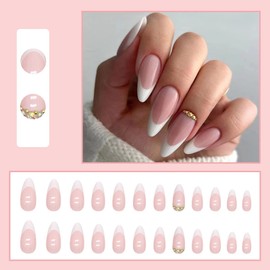 Pack of 24 Press on Nails Almond Medium, French White Artificial Nails with Rhinestone Design, Nude Artificial Nails for Sticking, Full Cover False Nails for Women and Girls, Party and Home DIY