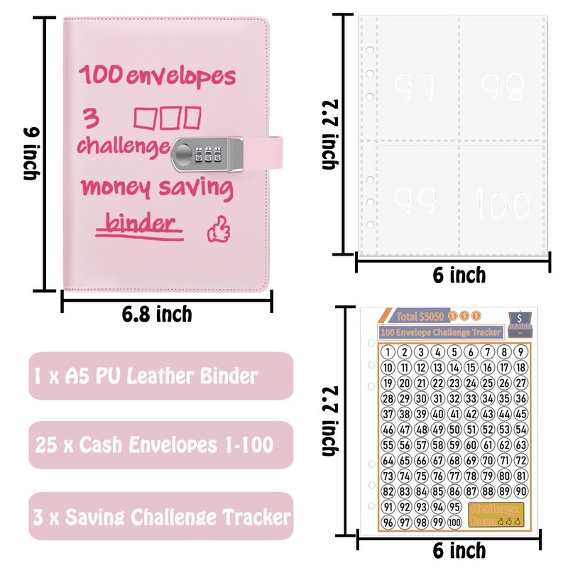 Antner 100 Envelopes Money Saving Challenge Binder with Lock, A5