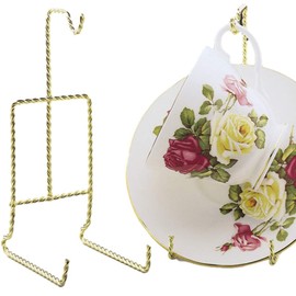 BANBERRY DESIGNS Twisted Gold Tea Cup and Saucer Holder - Set of 2 Brass Stands Display for Collectible Teacups and Saucers - Fine China