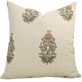 Fabritual Handmade Block Print Throw Cotton Satin Pillowcase Cover, Square 16x16 Inch Soft Boho Farmhouse, Living Room, Decorative Fall Decoration for Couch Sofa Bed (Hibiscus-Orange)