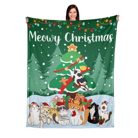 Christmas Throw Blanket for Sofa Couch - Cute Cat Christmas Blankets for Cat Lovers Christmas Decor for Living Room Bedroom Warm Soft Christmas Blankets and Throws, Winter Holiday Blanket 50x60''