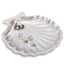 Shell Ring Holder Dish, Shell Jewelry Tray, Shell Trinket Dish, Cute Decorations Shell Dish for Coastal Home Decor, Bathroom Decor, 5.5", White
