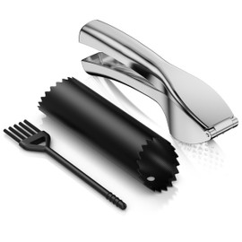 Arendo - Stainless Steel Garlic Press Ginger Press - Zinc Alloy - Easy Grip Great Leverage - Includes Garlic Peeler and Cleaning Brush - Garlic and Ginger