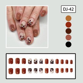 Fall Winter Short Square Fake Nails Brown Short Square Press on Nails with Maple Leaves Designs Autumn Fallen Leaves Glue on Nail Handmade Full Cover Acrylic Nails Stick on Nails for Women Accessories
