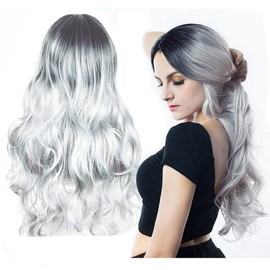 JAHEMU Wig Black Gradient Grey Long Curly Women Natural Synthetic Hair Heat Resistant for Daily Party Cosplay Wear 27 Inches