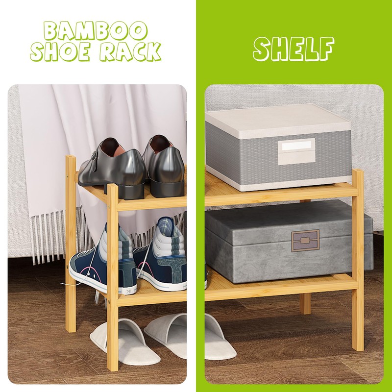 BMOSU 2-Tier Bamboo Small Shoe Rack Premium Stackable Shoe Shelf
