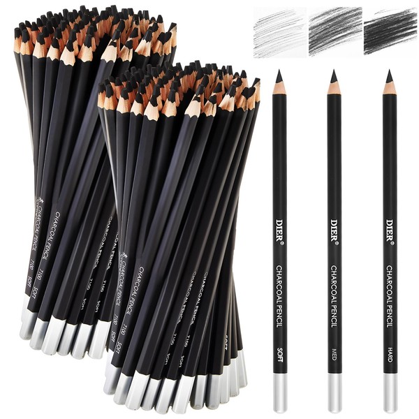 Geyoga 180 Pcs Professional Charcoal Pencils Drawing Set Soft Medium and Hard Charcoal Pencils Sketch Pencils Drawing Pencils for Beginners Artists Shading Sketching