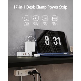 HOPOW Dual Layer Desk Clamp Power Strip（White）, Desktop Edge Mount Charging Station with 13 Outlets 4 USB Ports (2 USB C), Under Desk Surge Protector(1700 Joules), 10 Ft Extension Cord for Office