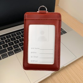 Pass Case with Reel for Men, Women, Children, Unisex, Vertical, Reel, Stretchable, Double-Sided, 2 Pieces, 3 Cards, Employee ID, Genuine Leather, PU Leather, Multicolor, brown brown tan