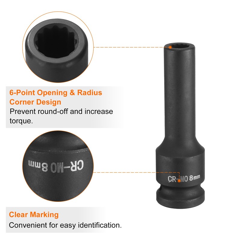 sourcing map 12-Point Deep Impact Socket 1/2 Inch Drive 8mm