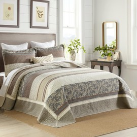 DDUOXIN Oversized King Bedspread 128" W x120 L - 100% Cotton California King Quilt with 2 Pillow Shams, Farmhouse Stripe Bedspread Reversible Lightweight Coverlet Set, Beige/Brown/Gray, 3 Piece